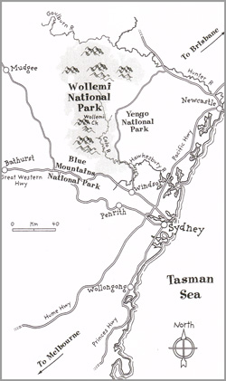 Wollemia nobilis. Karte des Wollemi National-Parks nordwestlich von Sydney